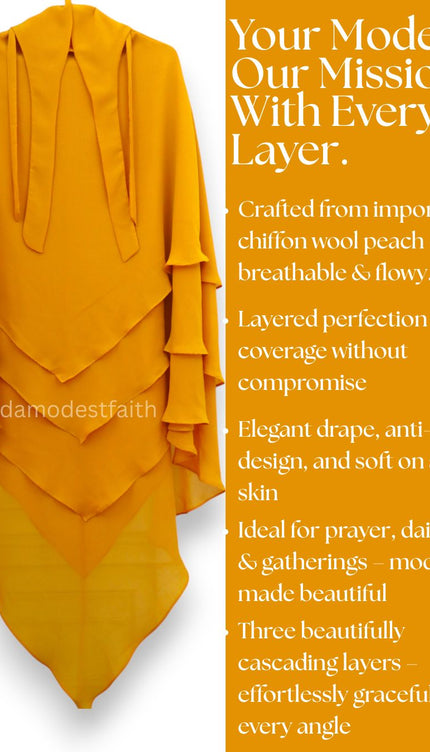 Mustard Yellow Triple‑Layer Wool‑Soft Chiffon Khimar