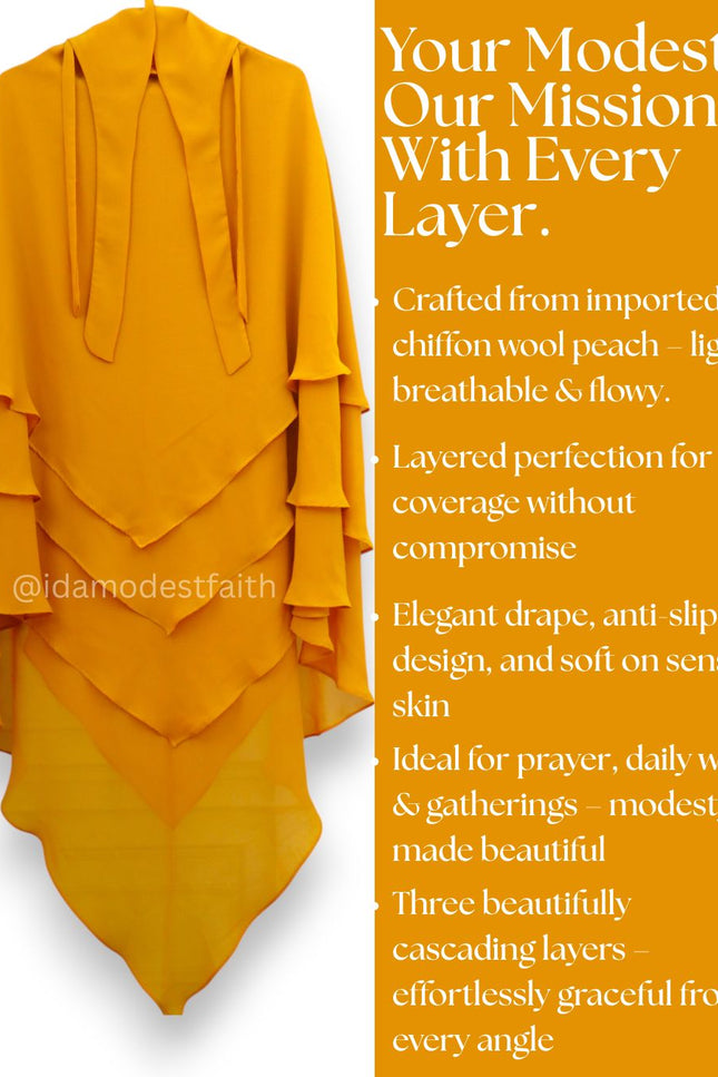 Mustard Yellow Triple‑Layer Wool‑Soft Chiffon Khimar