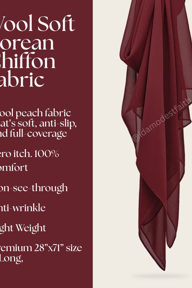 Maroon Plain Hijab -  Wool Soft Korean Chiffon Fabric