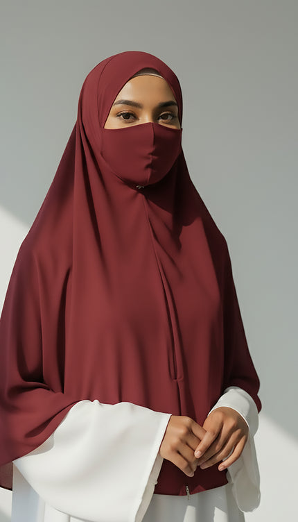 Maroon Instant Hijab With Zip | Double-Layer Korean Chiffon Veil | Luxe Everyday Modesty | Malaysian Hijab