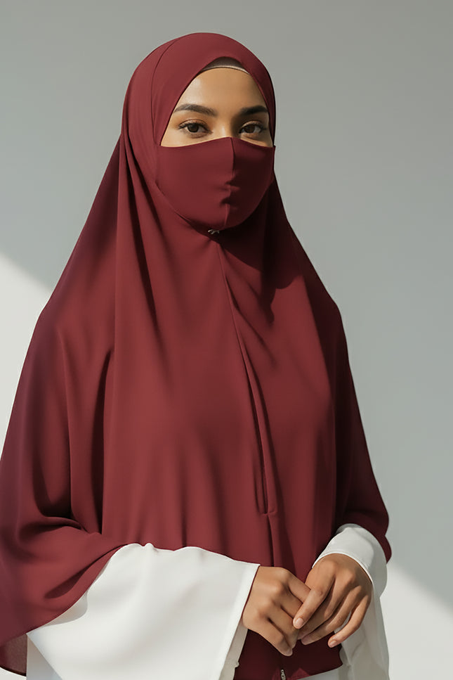 Maroon Instant Hijab With Zip | Double-Layer Korean Chiffon Veil | Luxe Everyday Modesty | Malaysian Hijab