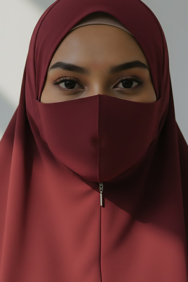 Maroon Instant Hijab With Zip | Double-Layer Korean Chiffon Veil | Luxe Everyday Modesty | Malaysian Hijab