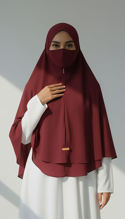 Maroon Instant Hijab With Zip | Double-Layer Korean Chiffon Veil | Luxe Everyday Modesty | Malaysian Hijab