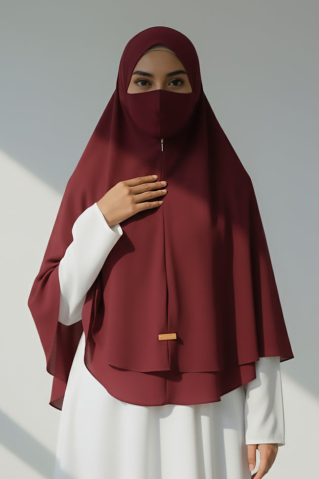 Maroon Instant Hijab With Zip | Double-Layer Korean Chiffon Veil | Luxe Everyday Modesty | Malaysian Hijab