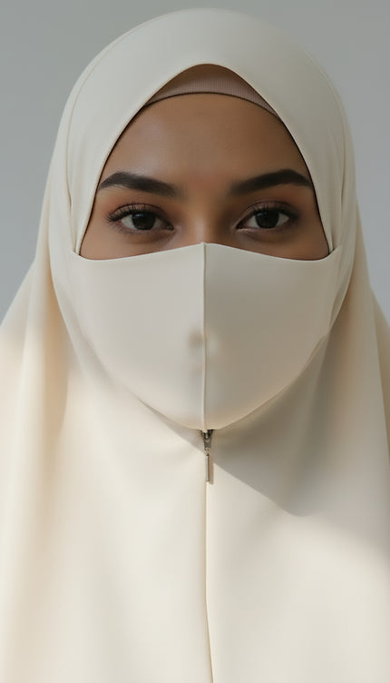 Ethereal Flow – Off White Instant Hijab with Zip | Double-Layer Korean Chiffon | Elegant Modest Wear | Malaysian Hijab