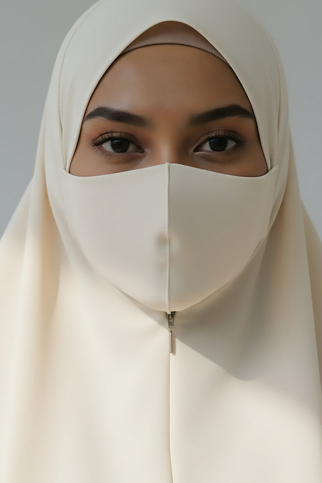 Ethereal Flow – Off White Instant Hijab with Zip | Double-Layer Korean Chiffon | Elegant Modest Wear | Malaysian Hijab
