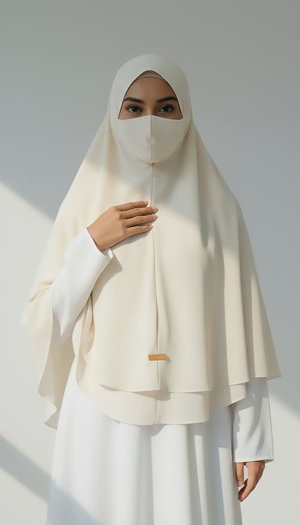 Ethereal Flow – Off White Instant Hijab with Zip | Double-Layer Korean Chiffon | Elegant Modest Wear | Malaysian Hijab