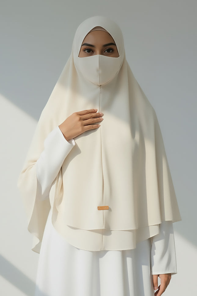 Ethereal Flow – Off White Instant Hijab with Zip | Double-Layer Korean Chiffon | Elegant Modest Wear | Malaysian Hijab