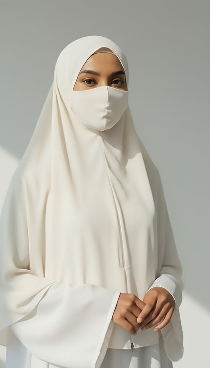 Ethereal Flow – Off White Instant Hijab with Zip | Double-Layer Korean Chiffon | Elegant Modest Wear | Malaysian Hijab