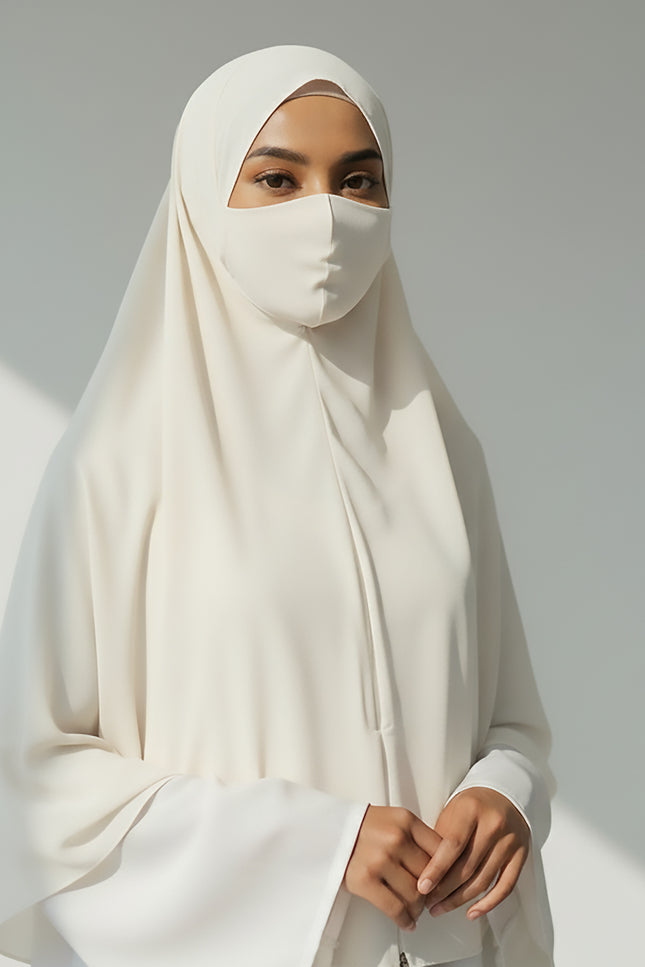 Ethereal Flow – Off White Instant Hijab with Zip | Double-Layer Korean Chiffon | Elegant Modest Wear | Malaysian Hijab