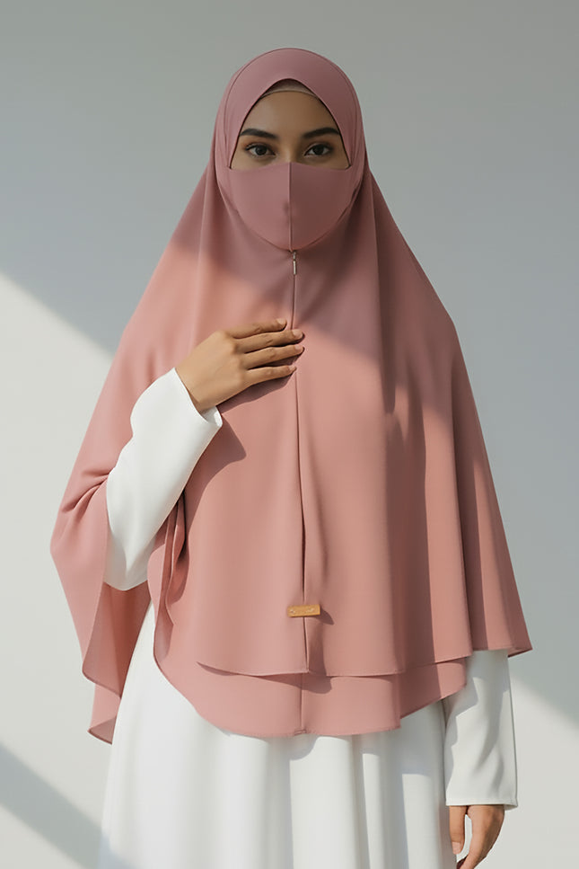 Blush Bloom – Powder Pink Instant Hijab with Zip Closure | Dual-Layer Imported Korean Chiffon | Flowy & Feminine | Malaysian Hijab