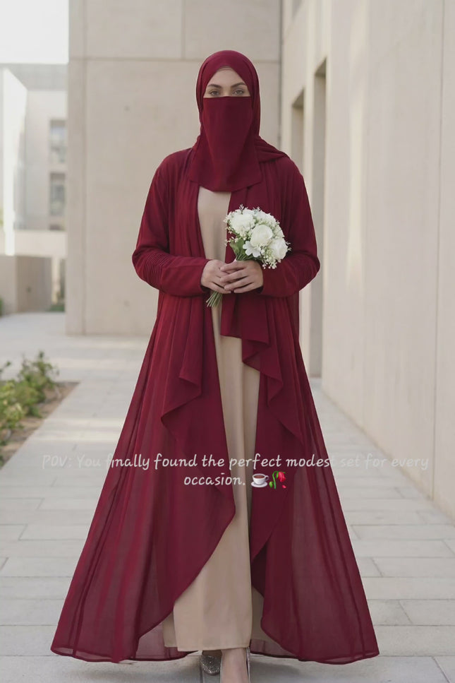 Minimalist Jacket Abaya in Nida Nude Beige & Maroon