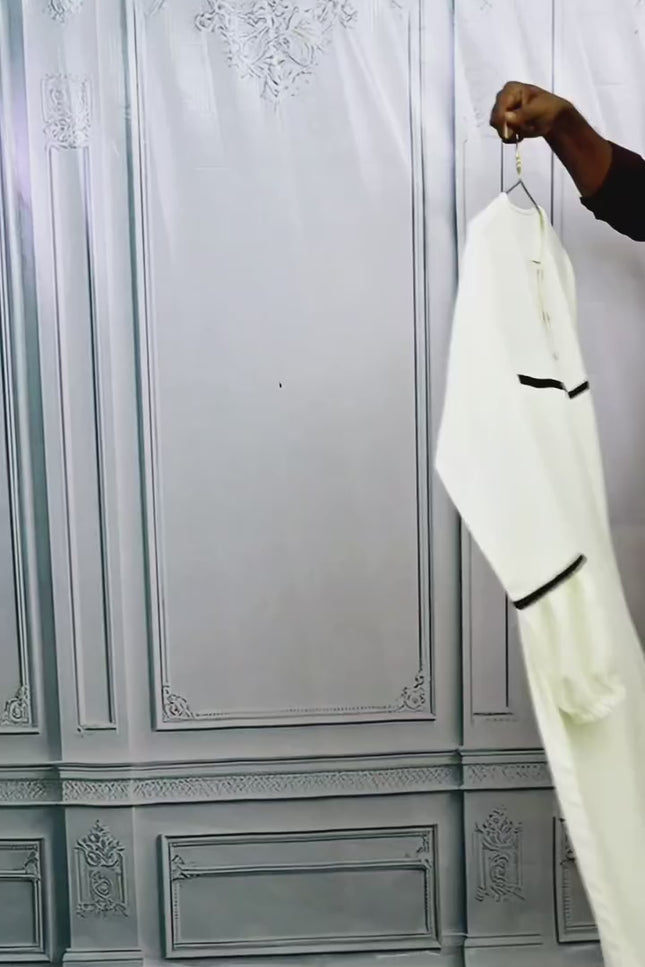 Noor Ivory & Black Piped Abaya Set with Princess Khimar
