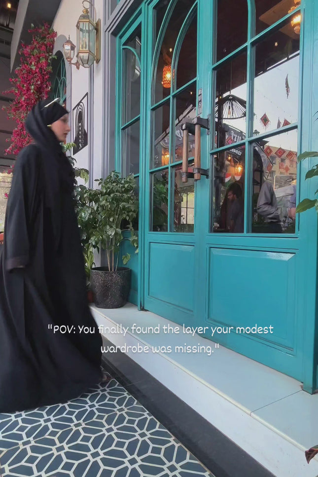 Elegant Noir Semi Jacket Abaya | Korean Nida, Gold Thread & Stone Detail | Ready to Ship