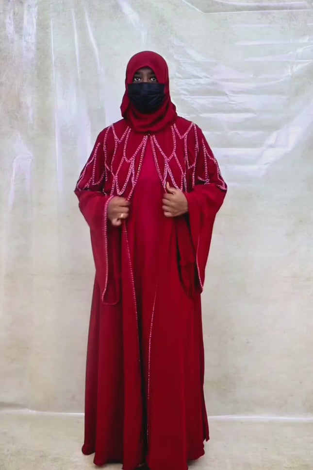Cherry Red Nida-Chiffon Cape Abaya | Elegant Partywear Modest Dress