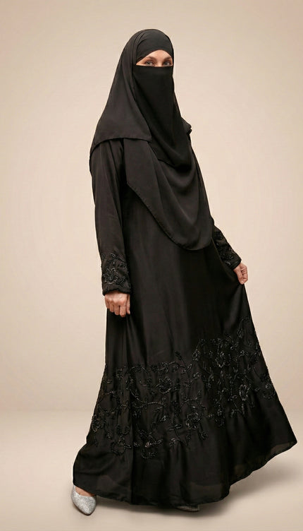 Black Korean Nida -Blend Abaya with Statement Sleeve Handwork | Premium Modestwear