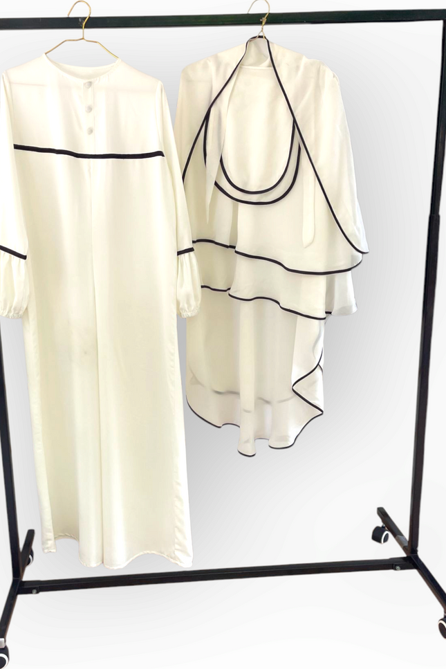 Noor Ivory & Black Piped Abaya Set with Princess Khimar