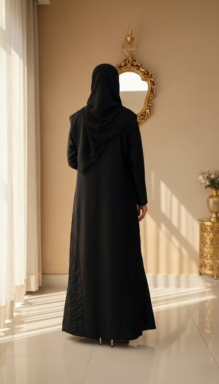 Black Fancy Embroidered A‑Line Abaya | Pearl & Bead Side Detailing | Designer