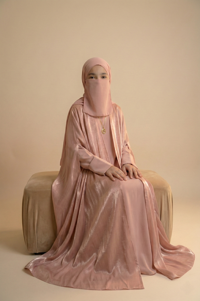 Rose Gold Shimmer Farasha Abaya for Girls | Fendi Organza & Armani Satin