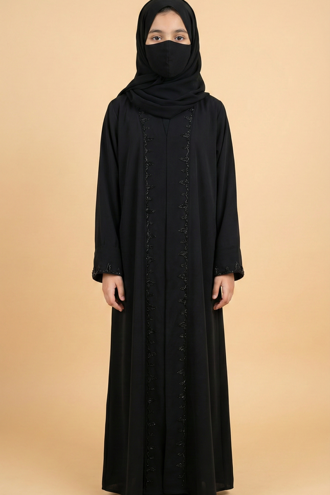 Black A-Line Semi Jacket Abaya with Embroidered Cuffed Sleeves | Imported Korean Nida & Chiffon Wool Peach