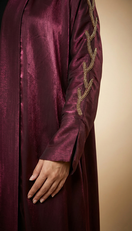Luxury Maroon Shimmer Semi Jacket Abaya  | Hand-Embroidered Stone Chain & Cutdhana Sleeves