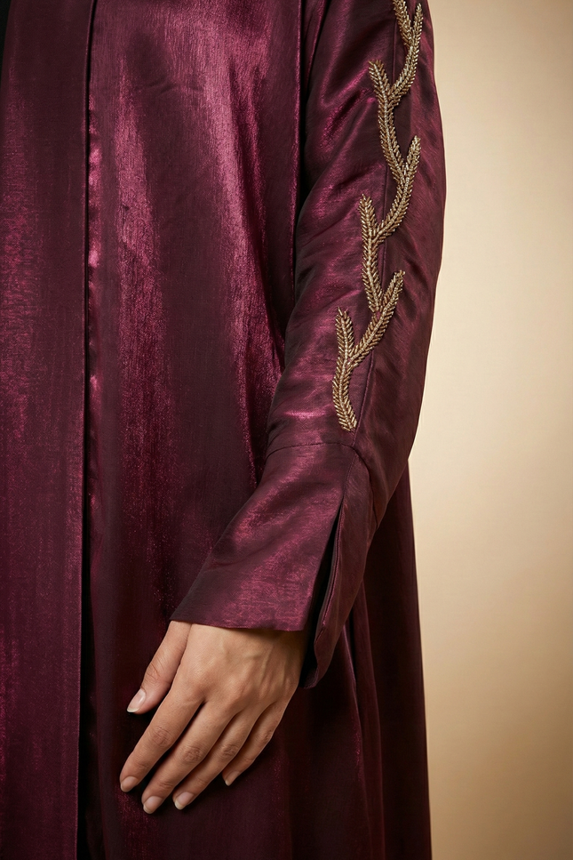 Luxury Maroon Shimmer Semi Jacket Abaya Mother & Daughter Set | Hand-Embroidered Stone Chain & Cutdhana Sleeves