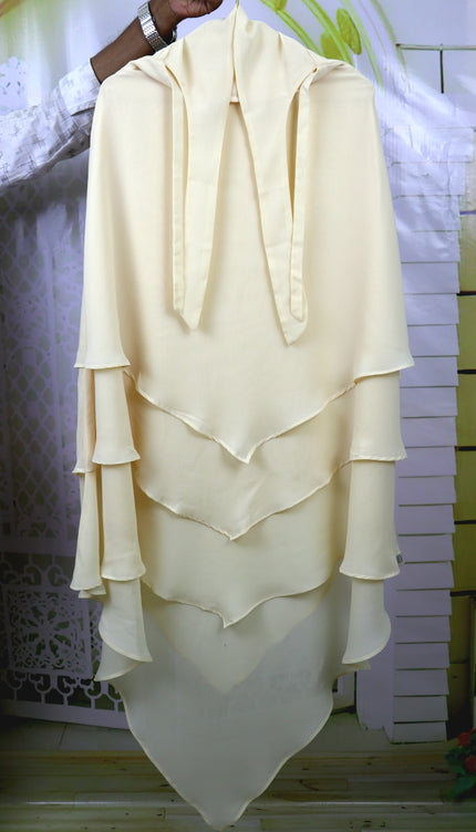 Beige Triple‑Layer Wool‑Soft Chiffon Khimar