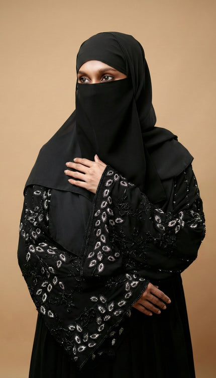 Black Peacock Feather Embroidered Abaya | Premium Occasionwear