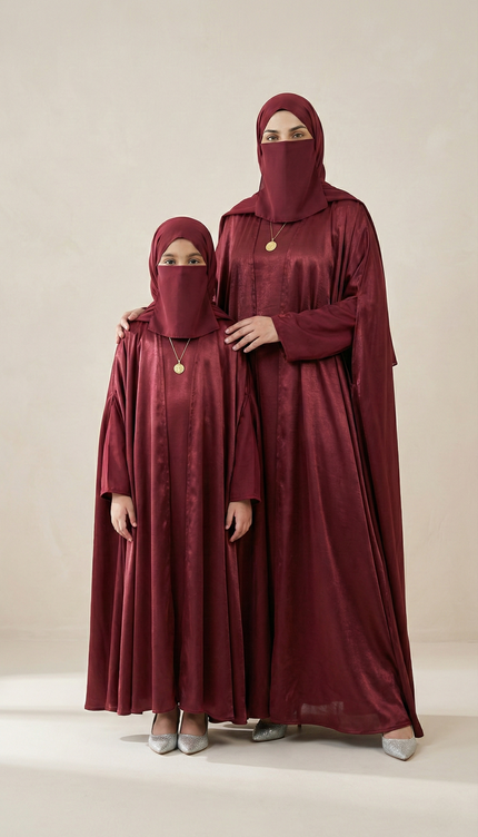 Maroon Mother & Daughter Matching Abaya Set | Luxury Shimmer Nida Combo