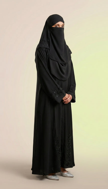 Black Hand‑Embroidered Sleeve & Side Panel Abaya