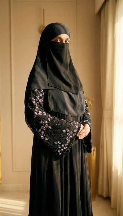 Black Peacock Feather Embroidered Abaya | Premium Occasionwear