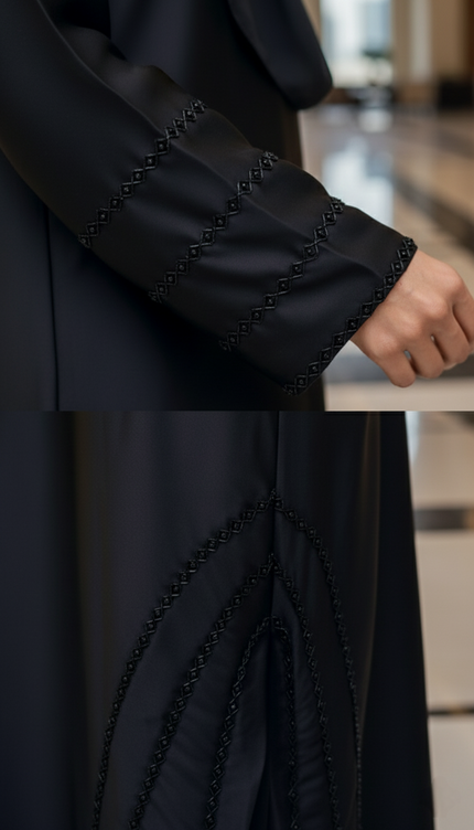 Black Fancy Embroidered A‑Line Abaya | Pearl & Bead Side Detailing | Designer