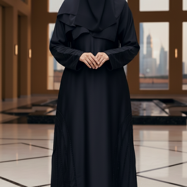 Black Fancy Embroidered A‑Line Abaya | Pearl & Bead Side Detailing | Designer