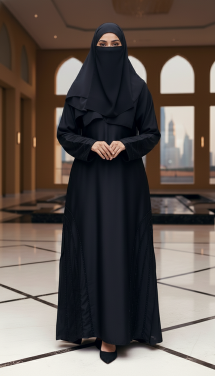 Black Fancy Embroidered A‑Line Abaya | Pearl & Bead Side Detailing | Designer