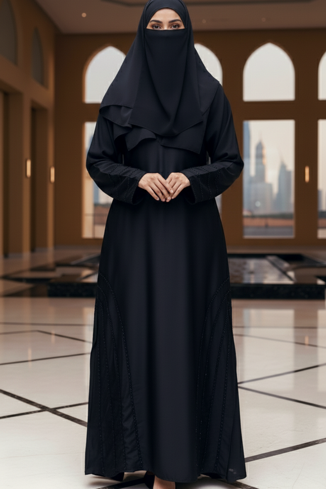 Black Fancy Embroidered A‑Line Abaya | Pearl & Bead Side Detailing | Designer