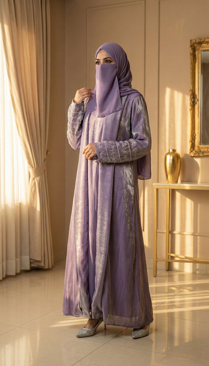 Luxury Lavender Shimmer Semi Jacket Abaya Mother & Daughter Set