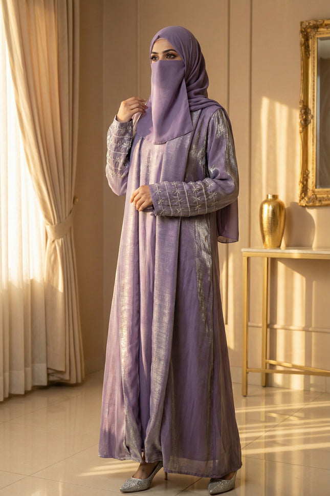 Imported Rotana Shimmer Open Jacket Abaya – Premium Modest Wear