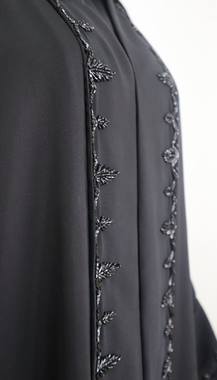 Black A-Line Semi Jacket Abaya with Cutdana Embroidery