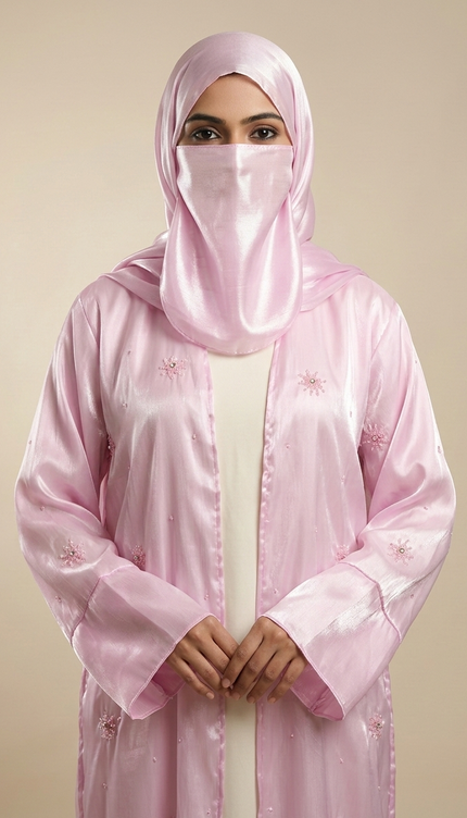Blush Pink Jacket Abaya with Cutdana & Sugar Bead Handwork | Ready to Ship