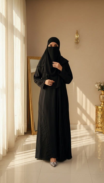 Black Fancy Embroidered A‑Line Abaya | Pearl & Bead Side Detailing | Designer