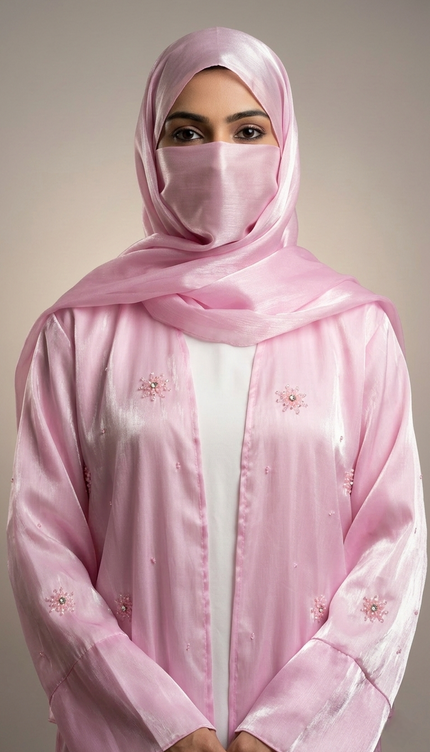 Blush Pink Jacket Abaya with Cutdana & Sugar Bead Handwork | Ready to Ship