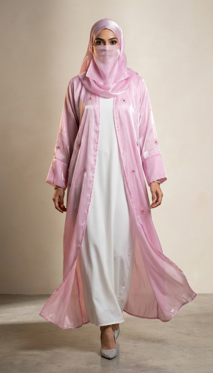 Blush Pink Jacket Abaya with Cutdana & Sugar Bead Handwork | Ready to Ship