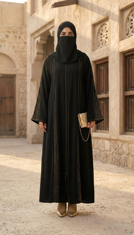 The Noir Gilded Linear Abaya – Premium Korean Nida with Pintuck Artistry