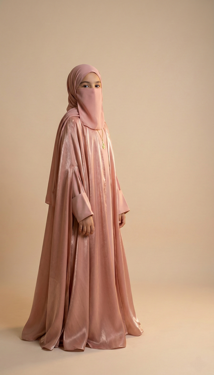 Rose Gold Shimmer Farasha Abaya for Girls | Fendi Organza & Armani Satin