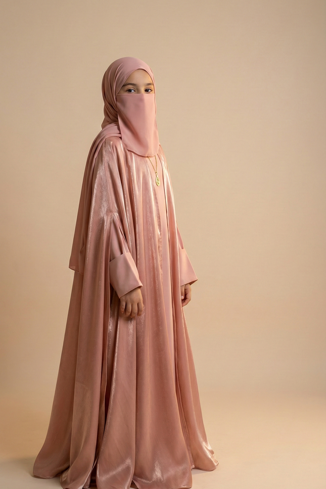 Rose Gold Shimmer Farasha Abaya for Girls | Fendi Organza & Armani Satin