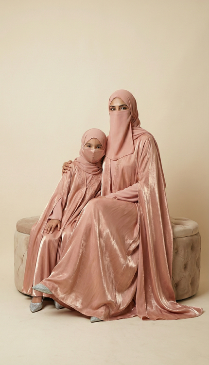 Rose Gold Farasha Mother & Daughter Matching Abaya Set | Luxury Shimmer Nida & Fendi Organza | Eid & Wedding Wear