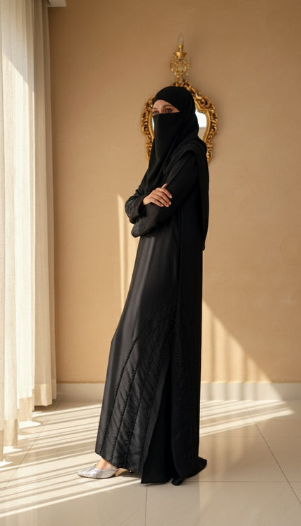Black Fancy Embroidered A‑Line Abaya | Pearl & Bead Side Detailing | Designer