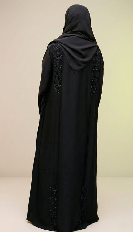 Black Hand‑Embroidered Sleeve & Side Panel Abaya