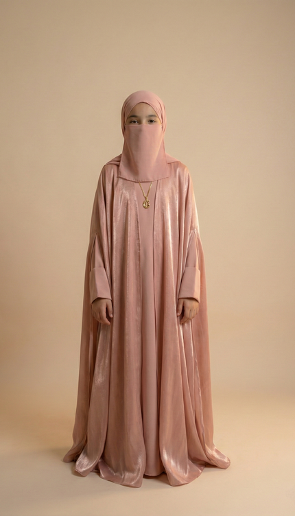 Rose Gold Shimmer Farasha Abaya for Girls | Fendi Organza & Armani Satin