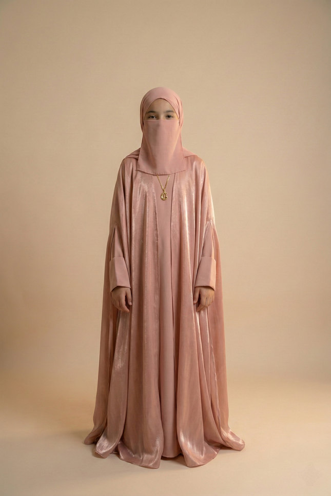 Rose Gold Shimmer Farasha Abaya for Girls | Fendi Organza & Armani Satin